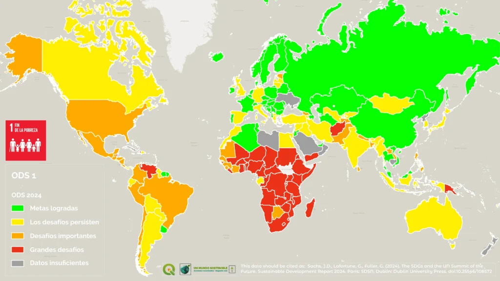Mapa mundial del ODS 1 – Fin de la pobreza, con el nivel de avance por país según el Sustainable Development Report 2024.