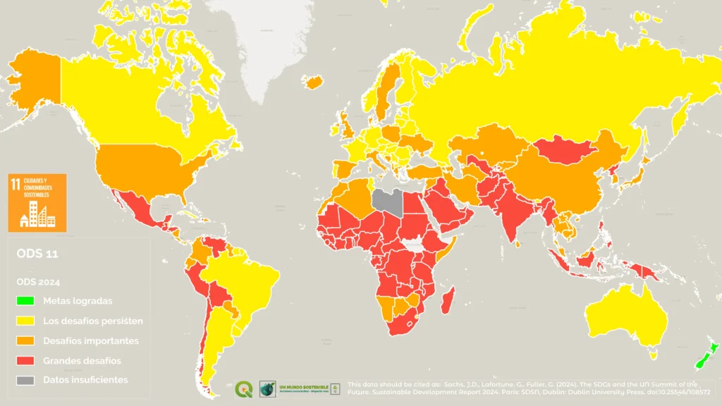 Mapa mundial del ODS 11 en 2024: niveles de avance en ciudades y comunidades sostenibles según color por país