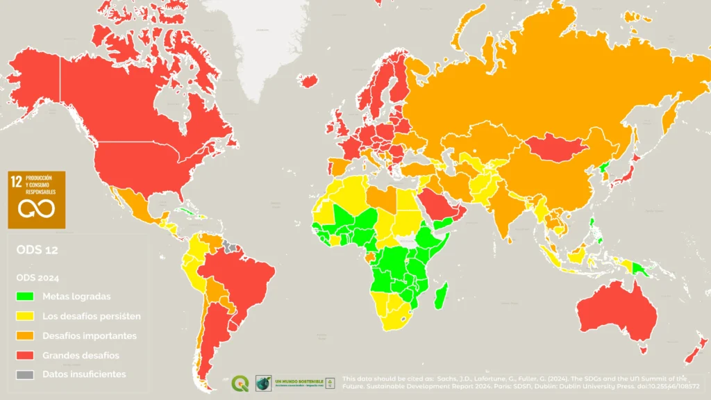 Mapa mundial del ODS 12 en 2024 con países clasificados por nivel de avance hacia un consumo y producción responsables.