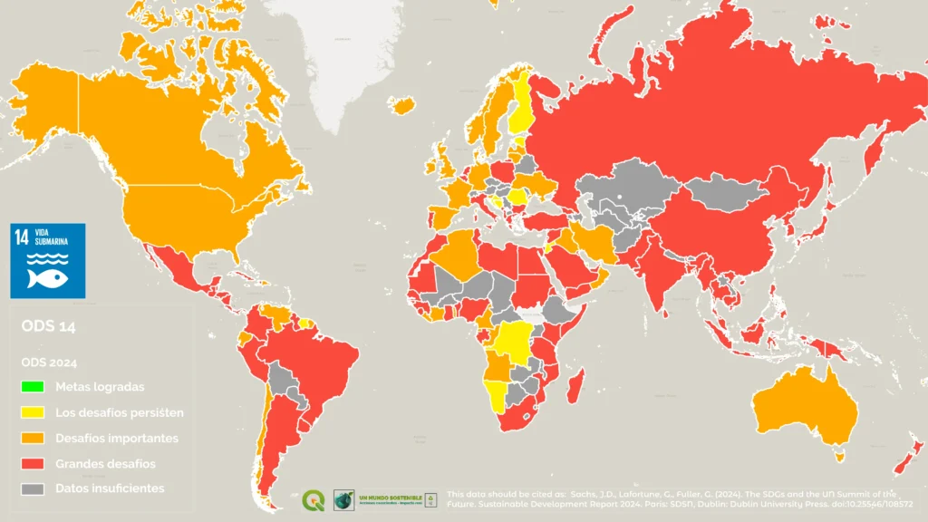 Mapa mundial del ODS 14 en 2024 que muestra el progreso de los países en relación con la vida submarina, con predominio de grandes desafíos en América, Asia y África, y desafíos importantes en Europa y Oceanía.