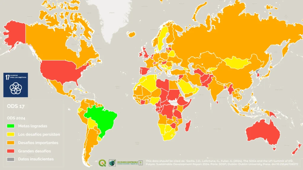 Mapa mundial del ODS 17 sobre Alianzas para lograr los Objetivos según el Informe de Desarrollo Sostenible 2024. Muestra el nivel de avance de los países con una escala de colores: verde (metas logradas), amarillo (desafíos persistentes), naranja (desafíos importantes), rojo (grandes desafíos) y gris (datos insuficientes).
