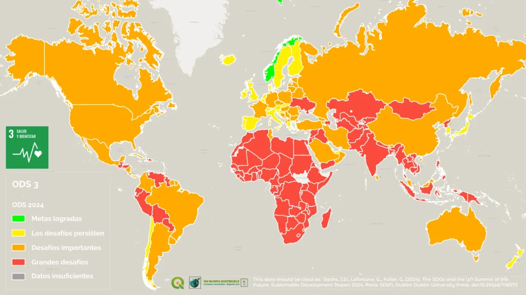 Mapa mundial que muestra el nivel de cumplimiento del ODS 3 (Salud y Bienestar) en 2024, con colores que representan distintos grados de avance por país.