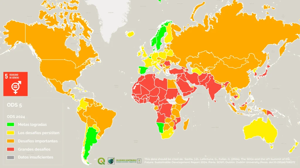 Mapa mundial que muestra el estado del cumplimiento del ODS 5 – Igualdad de Género en cada país, según el Sustainable Development Report 2024. Los países están codificados por color según el nivel de avance: verde para metas logradas, amarillo para desafíos persistentes, naranja para desafíos importantes, rojo para grandes desafíos y gris para datos insuficientes.
