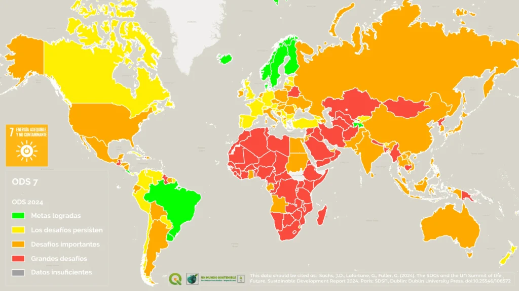 Mapa mundial del ODS 7 en 2024, que muestra el grado de acceso a energía asequible y no contaminante por país, con colores que indican distintos niveles de avance: verde (metas logradas), amarillo claro (desafíos persistentes), amarillo oscuro (desafíos importantes), rojo (grandes desafíos) y gris (datos insuficientes).