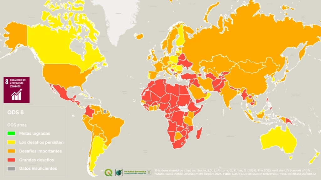 Mapa mundial del ODS 8 que muestra el estado del trabajo decente y crecimiento económico en 2024. África y Asia meridional enfrentan grandes desafíos, mientras que Europa occidental y algunos países de América del Norte presentan desafíos persistentes. Solo un reducido grupo de países logra las metas.