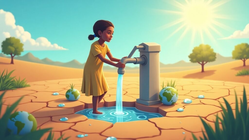 Niña recolectando agua limpia de una bomba manual en una zona árida, rodeada de tierra seca, gotas de agua y globos terráqueos, bajo un cielo soleado.