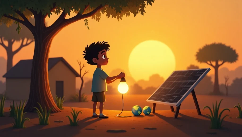 Ilustración emocional de un niño en un entorno rural encendiendo una bombilla conectada a un panel solar al atardecer, representando el acceso a energía limpia (ODS 7); se observan pequeñas esferas con mapas del mundo y vegetación emergente en un suelo árido.