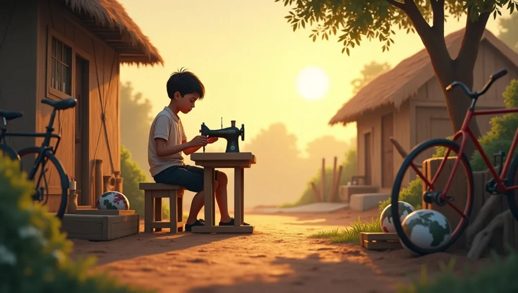 Ilustración simbólica y emocional de un niño en una comunidad rural utilizando una máquina de coser, rodeado de bicicletas, herramientas y globos terráqueos. La luz cálida del atardecer y los detalles naturales evocan esperanza, desarrollo y aprendizaje. Inspirado en el Objetivo de Desarrollo Sostenible 8: Trabajo decente y crecimiento económico.