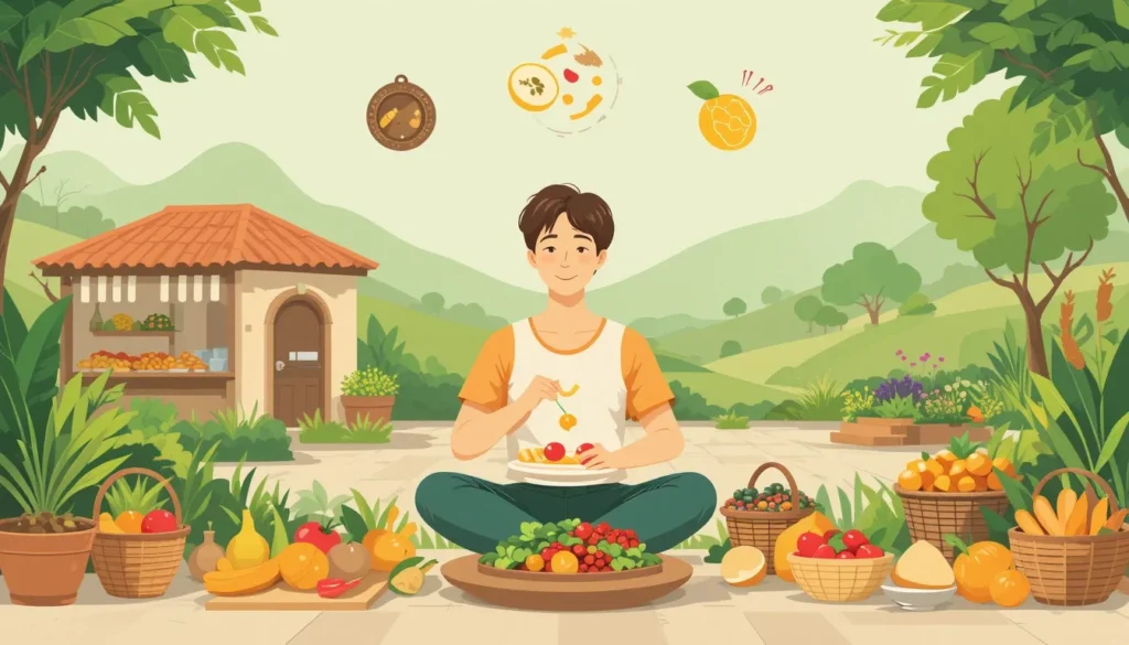 Una persona comiendo productos frescos y orgánicos en un entorno vibrante y saludable.