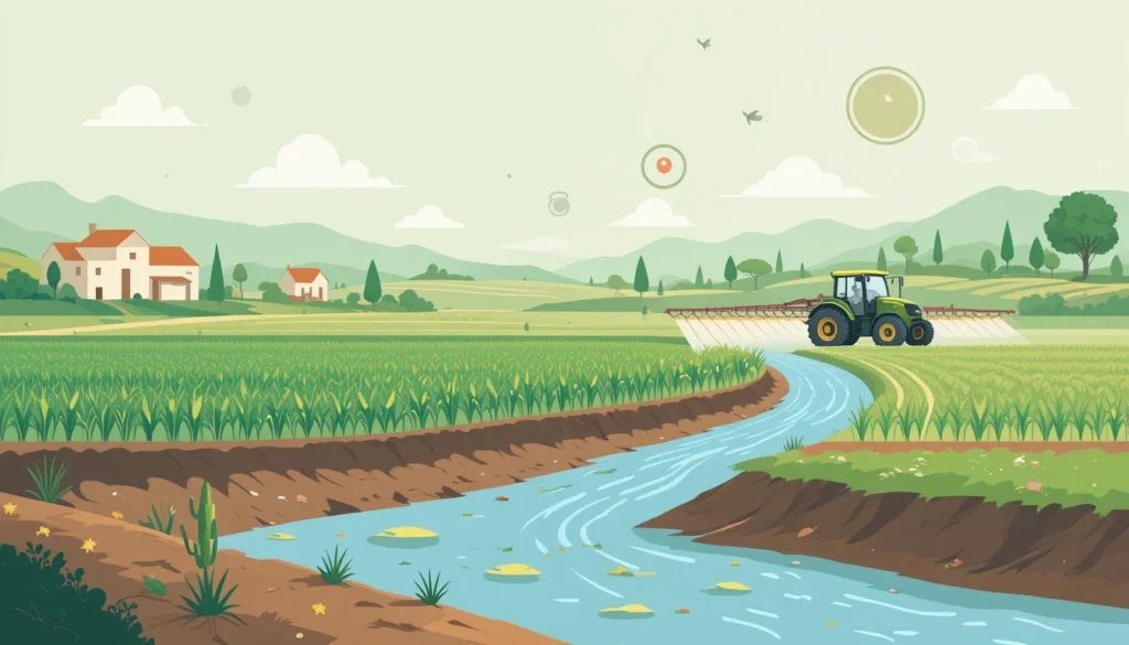 río contaminado junto a un campo agrícola con fumigación de pesticidas