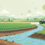 río contaminado junto a un campo agrícola con fumigación de pesticidas