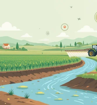 río contaminado junto a un campo agrícola con fumigación de pesticidas