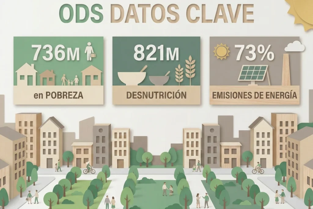 Infografía con datos estadísticos clave de ODS: 736M en pobreza, 821M desnutrición, 73% emisiones de energía