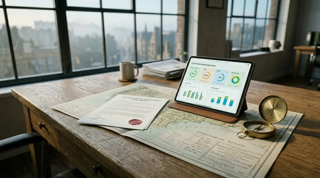 Plan de ordenamiento territorial sobre escritorio de madera con tablet mostrando indicadores de gobernanza sostenible y cumplimiento ESG